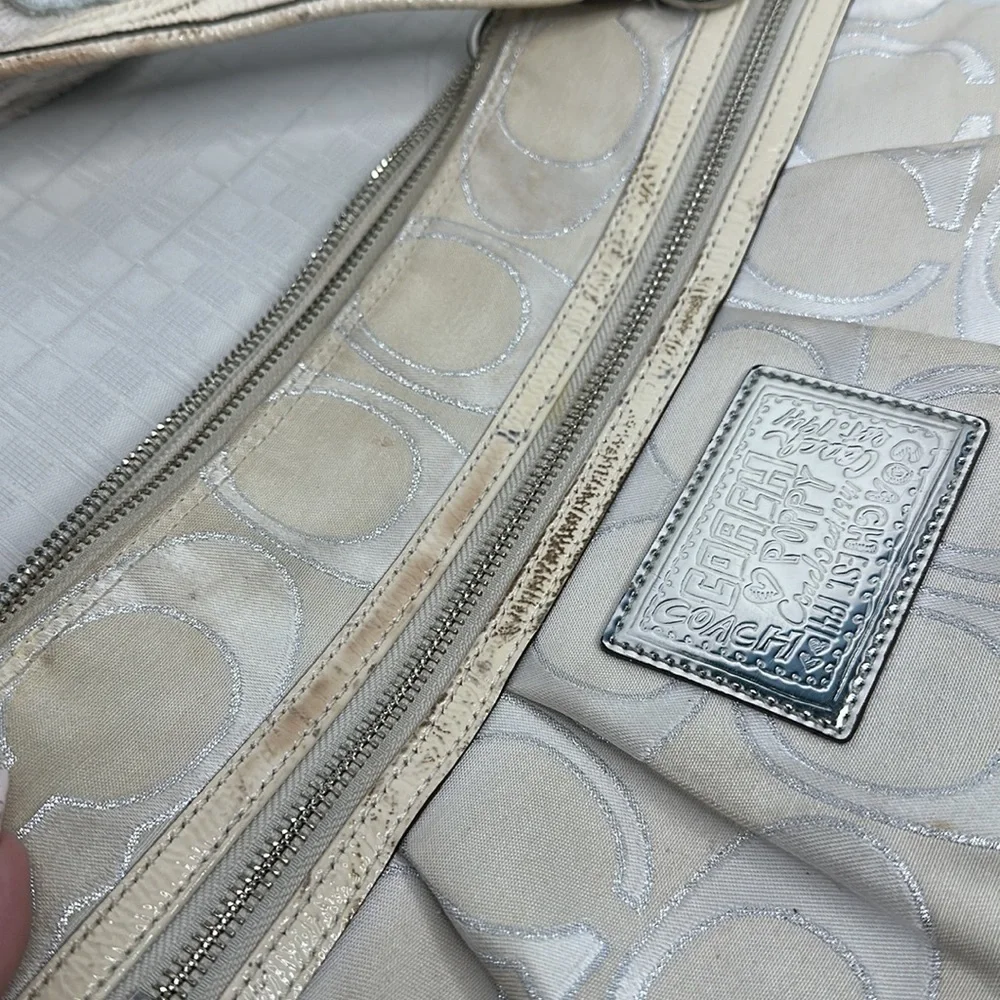 Coach Poppy medium satchel hobo Handbag M1093-17047 gray canvas metallic Accents